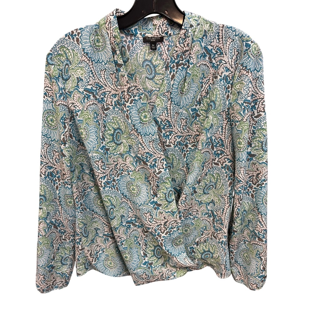 Talbots Petites 8P Blouse Floral Print Long Sleeve Twist Front‎ Top